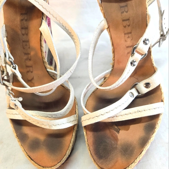 Burberry Women’s 37 Wedges Nova Check Hearts Platform Sandals Leather Straps - Picture 5 of 13